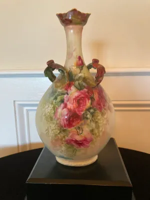 Porcelain Vase w/Scrolled Twin Handles Rose Décor