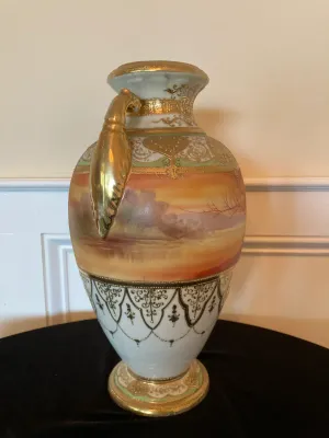 Hand Painted Antique Nippon Porcelain 2 Handled Scenic Urn Vase
