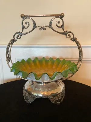 Antique Silver Plate Brides Basket Art Glass Bowl