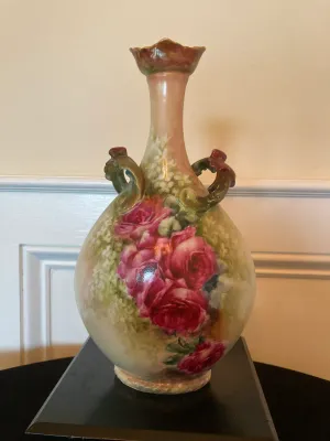 Porcelain Vase w/Scrolled Twin Handles Rose Décor