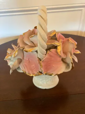 Vintage Capodimonte - Style Porcelain Flower Basket with Hand Painted Pink Roses