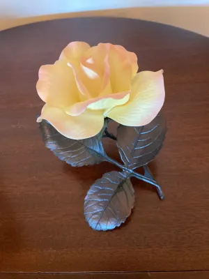 Limited Edition Vintage Boehm Porcelain & Bronze Peace Rose. (Display case top has crack)