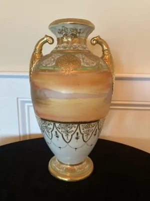 Hand Painted Antique Nippon Porcelain 2 Handled Scenic Urn Vase