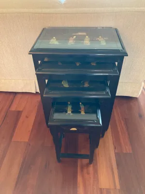 Vintage Black Laquer Nesting Tables with Glass Tops with Inlaid Jade Carved Figures