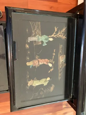 Vintage Black Laquer Nesting Tables with Glass Tops with Inlaid Jade Carved Figures
