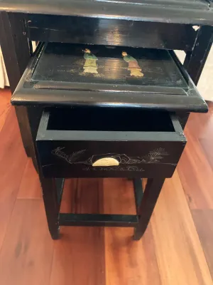 Vintage Black Laquer Nesting Tables with Glass Tops with Inlaid Jade Carved Figures