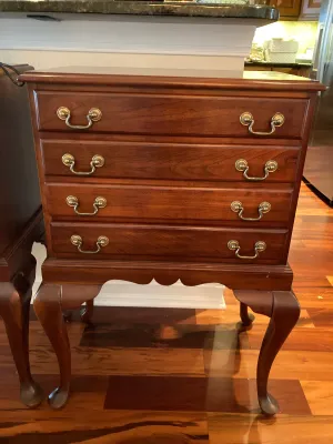 (B) Vintage Queen Ann Style 4 Drawer Cherry Wood Silver Chest
