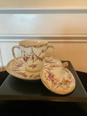 Set of 3 Vintage Porcelain Handled cups w/lids & Saucers