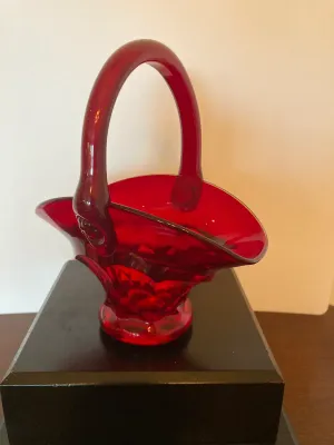 Vintage Red Glass Basket w/handle
