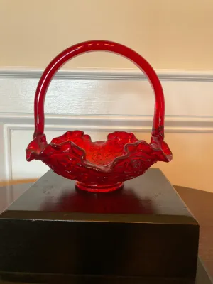 Vintage Fenton Ruby Red Glass Basket Ruffle Rim & Rose Pattern