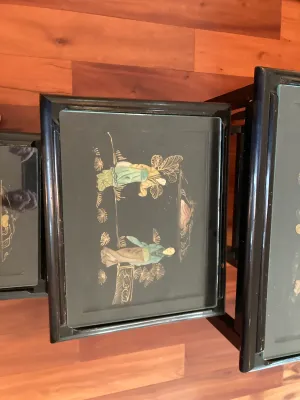 Vintage Black Laquer Nesting Tables with Glass Tops with Inlaid Jade Carved Figures