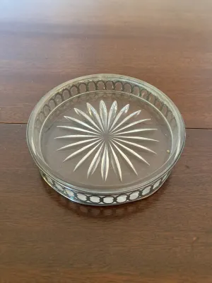 Vintage crystal Glass Coaster with Open work Silver-plated Metal Rim