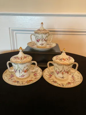Set of 3 Vintage Porcelain Handled cups w/lids & Saucers