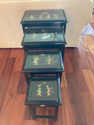 Vintage Black Laquer Nesting Tables with Glass Tops with Inlaid Jade Carved Figures
