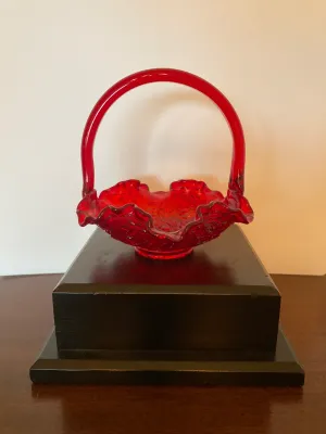 Vintage Fenton Ruby Red Glass Basket Ruffle Rim & Rose Pattern