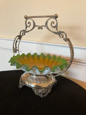Antique Silver Plate Brides Basket Art Glass Bowl