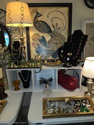 Jewelry, home decor, red Hobo purse and beautiful Peacock print