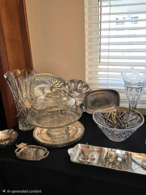 Waterford crystal bowl, crystal and Mexican pewter pieces
