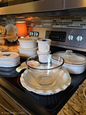 Corningware French White baking dishes and soup mugs, pie plates, 
