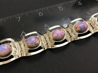 Taxco Sterling Silver Glass Opal Cabachon Link Bracelet