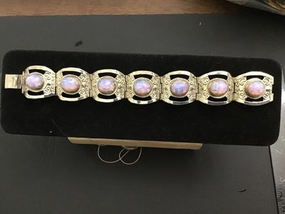 Taxco Sterling Silver Glass Opal Cabachon Link Bracelet