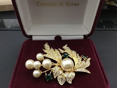 JBK Camrose and Cross Vintage Brooch New in Box. Swavorski Crystal &Faux Pearl