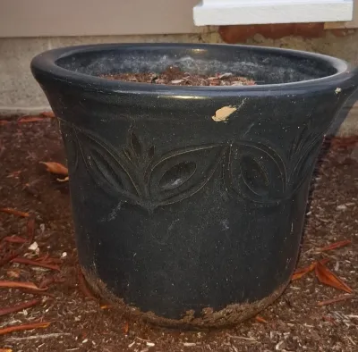 Large dark grey ceramic planter featuring an embossed leaf pattern around the rim, showing some minor wear and dirt from outdoor use.