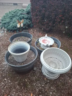 Assorted garden planters and decor, including three large grey barrel-style pots, a white fluted urn planter, a smaller white ceramic...