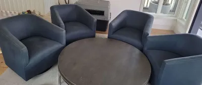 FOUR BLUE BARREL SWIVEL CHAIRS BY RESTORATION HARDWARE 