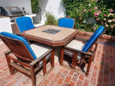 OUTDOOR TEAK CHAIRS WITH GAS FIRE-PIT TABLE TOP