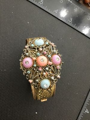 Vintage Art Deco Filigree Hinged Cuff Bracelet with Pastel Cabochons rhinestone