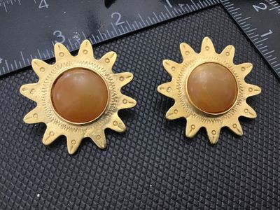 Vintage Gold-Tone Sunburst Pierced Post Earrings with Amber Cabochons
