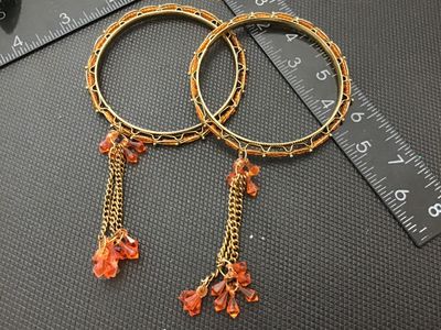 Vintage Gold Tone Bangle Bracelets with Orange Beaded Dangles - Pair