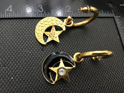 Vintage Gold Tone Celestial Moon and Star Dangle Hoop Earrings