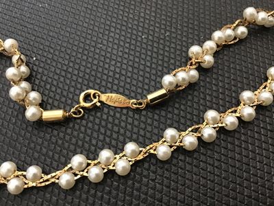 Vintage Napier Gold Tone and Faux Pearl Woven Necklace