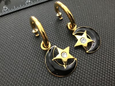 Vintage Gold Tone Celestial Moon and Star Dangle Hoop Earrings