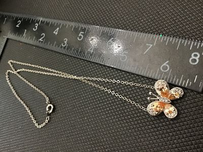 Silver Butterfly Pendant Necklace with Crystal and Peach Stones