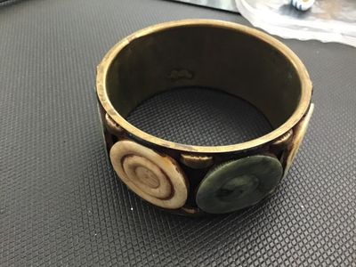 Vintage Brass Cuff Bracelet with Jade and Bone Discs