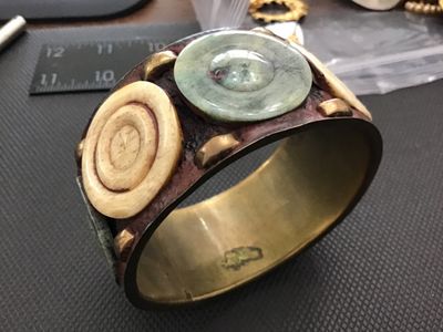 Vintage Brass Cuff Bracelet with Jade and Bone Discs