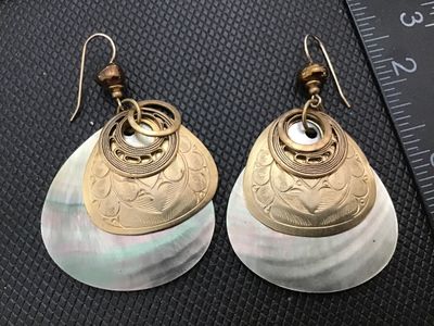 Vintage Brass and Gold Tone - Mother of Pearl Dangle Earrings