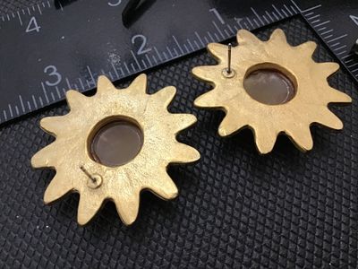 Vintage Gold-Tone Sunburst Pierced Post Earrings with Amber Cabochons