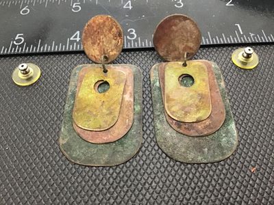 Asymmetrical Drop Earrings Mixed Copper Brass Green Patina