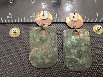 Asymmetrical Drop Earrings Mixed Copper Brass Green Patina
