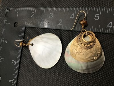 Vintage Brass and Gold Tone - Mother of Pearl Dangle Earrings