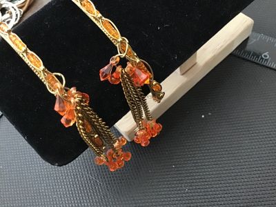 Vintage Gold Tone Bangle Bracelets with Orange Beaded Dangles - Pair