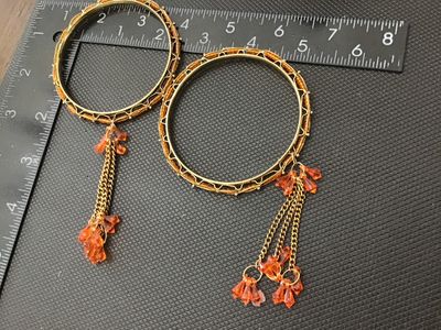 Vintage Gold Tone Bangle Bracelets with Orange Beaded Dangles - Pair