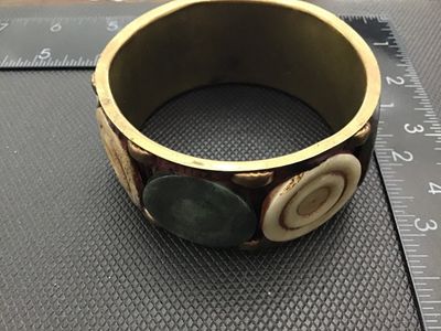 Vintage Brass Cuff Bracelet with Jade and Bone Discs