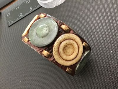 Vintage Brass Cuff Bracelet with Jade and Bone Discs