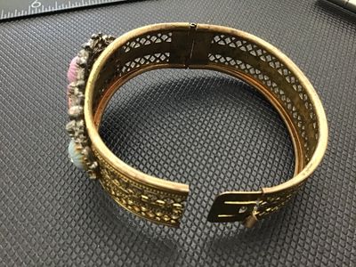 Vintage Art Deco Filigree Hinged Cuff Bracelet with Pastel Cabochons rhinestone