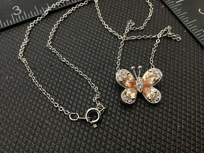 Silver Butterfly Pendant Necklace with Crystal and Peach Stones